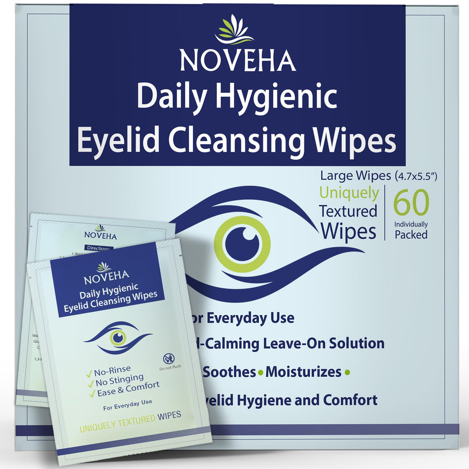 NOVEHA front packaging showing 60 individually wrapped eyelid wipes for daily hygiene