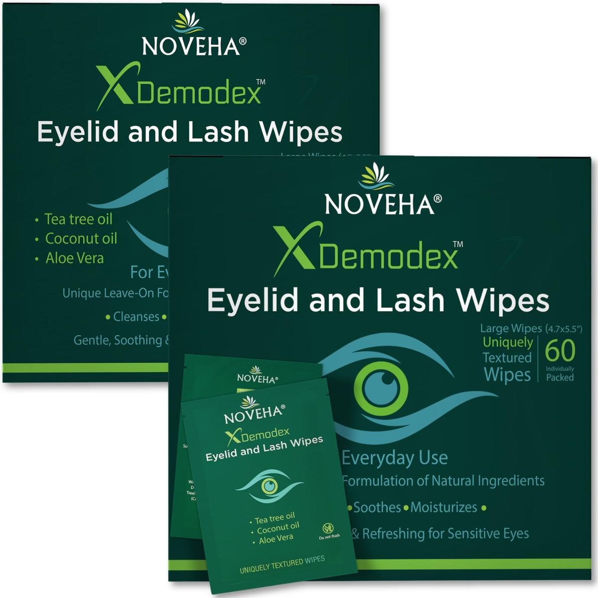 NOVEHA front packaging showing box of 60 wipes and benefits
