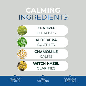 NOVEHA ingredient display with tea tree, aloe, chamomile and hyaluronic visual