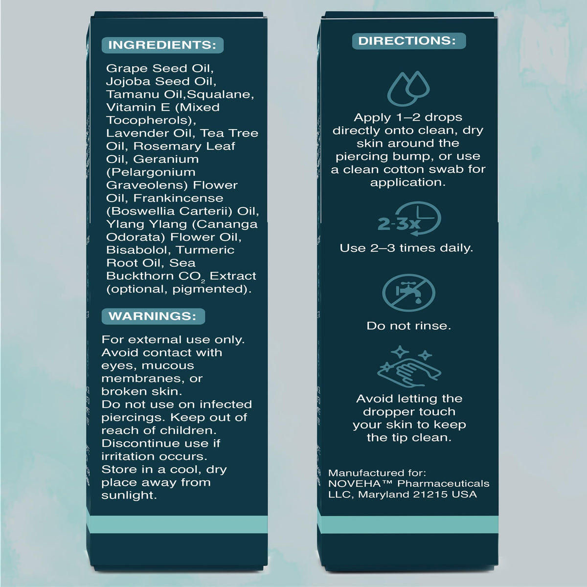 NOVEHA label close-up showing ingredients and clear usage information benefit