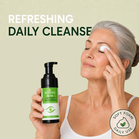 NOVEHA lids and lashes demonstration illustrating safe gentle cleansing