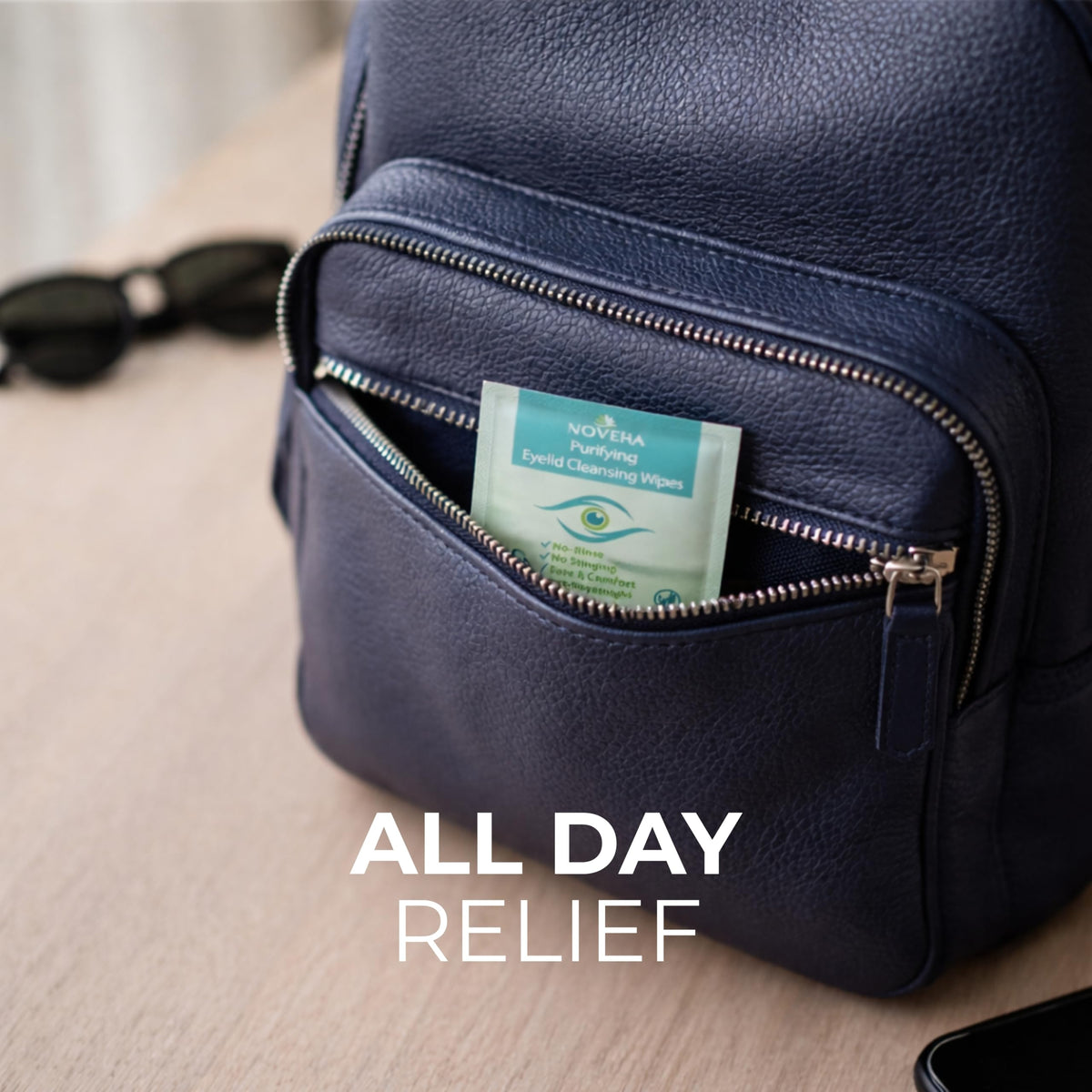noveha pack on bathroom counter as part of a gentle eye care routine