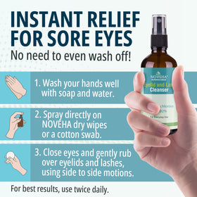 NOVEHA sprayed onto cotton pad for controlled eyelid cleansing