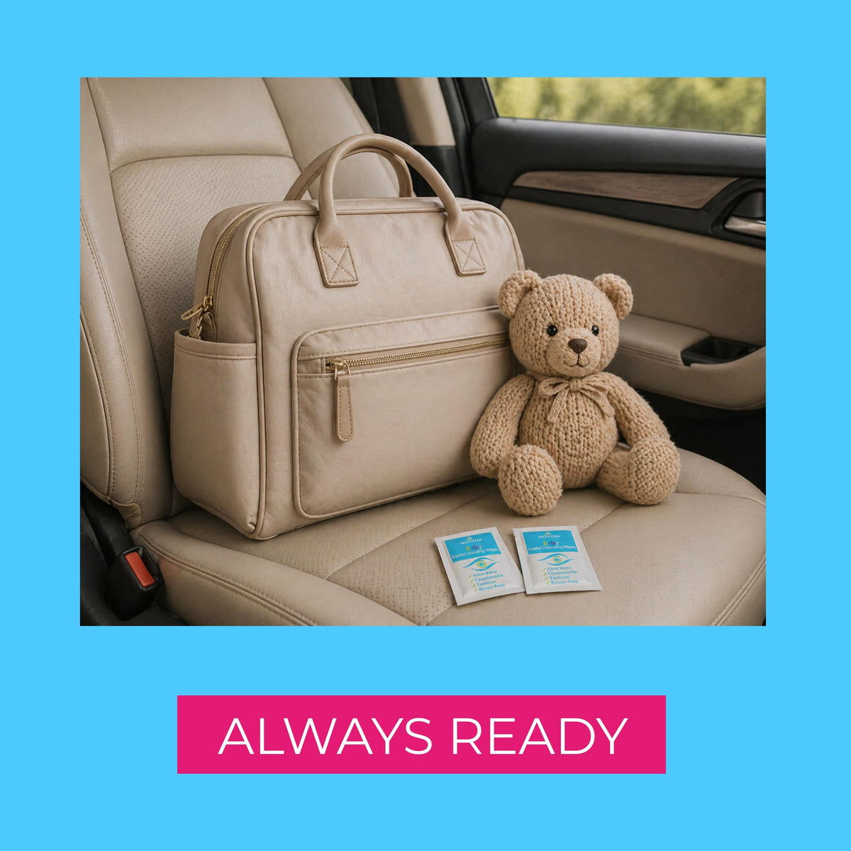 NOVEHA pack inside a travel bag ready for on-the-go eyelid hygiene