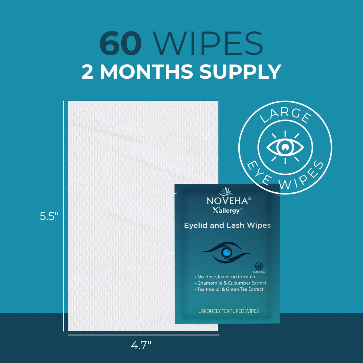 NOVEHA wipe in hand demonstrating gentle application around the eyelid