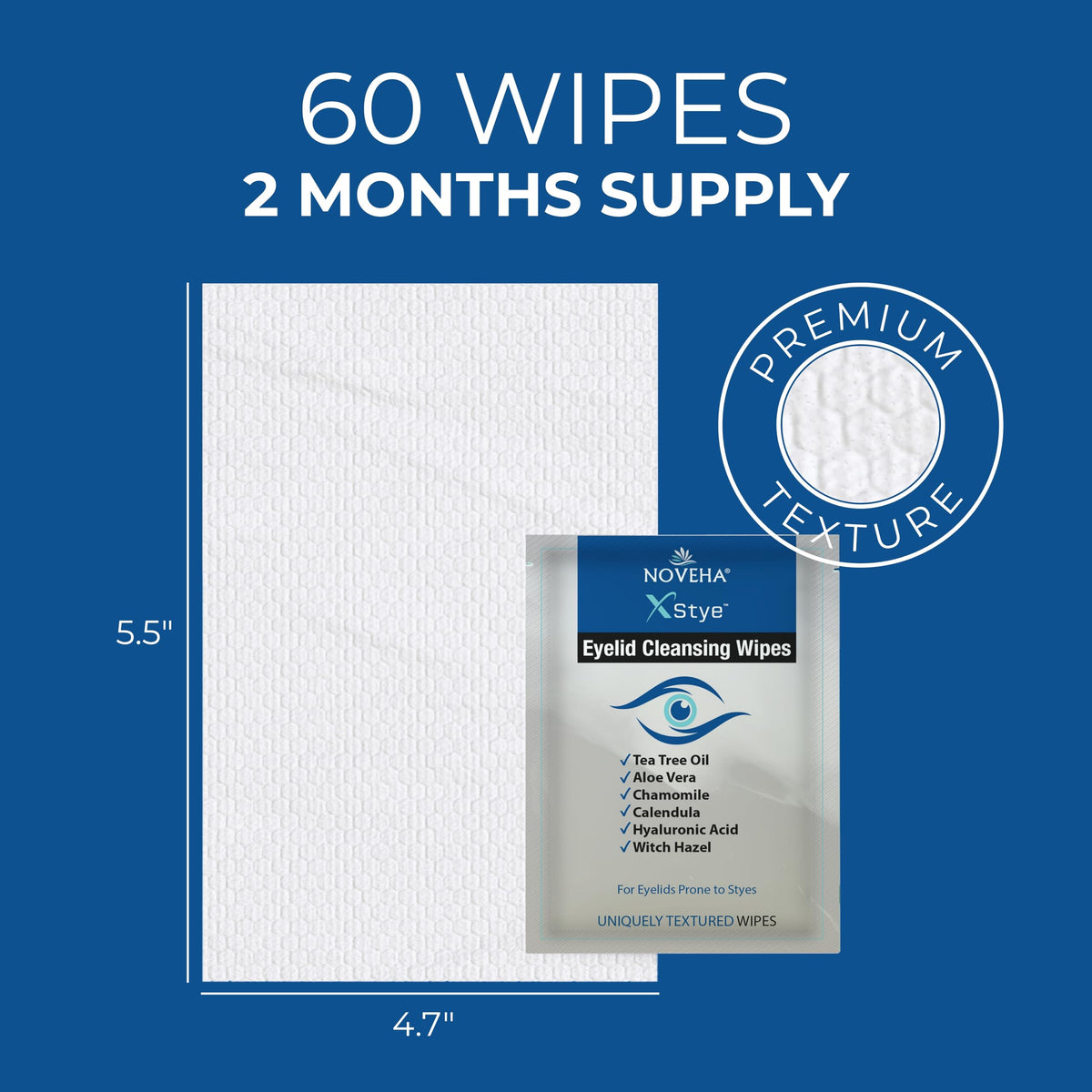 NOVEHA wipe in use gently cleansing closed eyelid and lash line