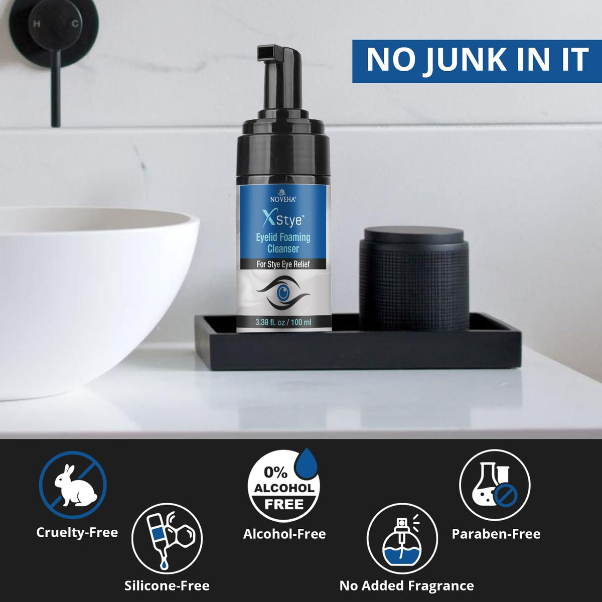 NOVEHA bottle next to ruler showing 100mL size for travel convenience