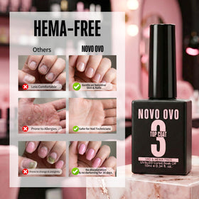 NOVO OVO applying gel to a press-on nail on a fingertip, shows secure adhesion benefit