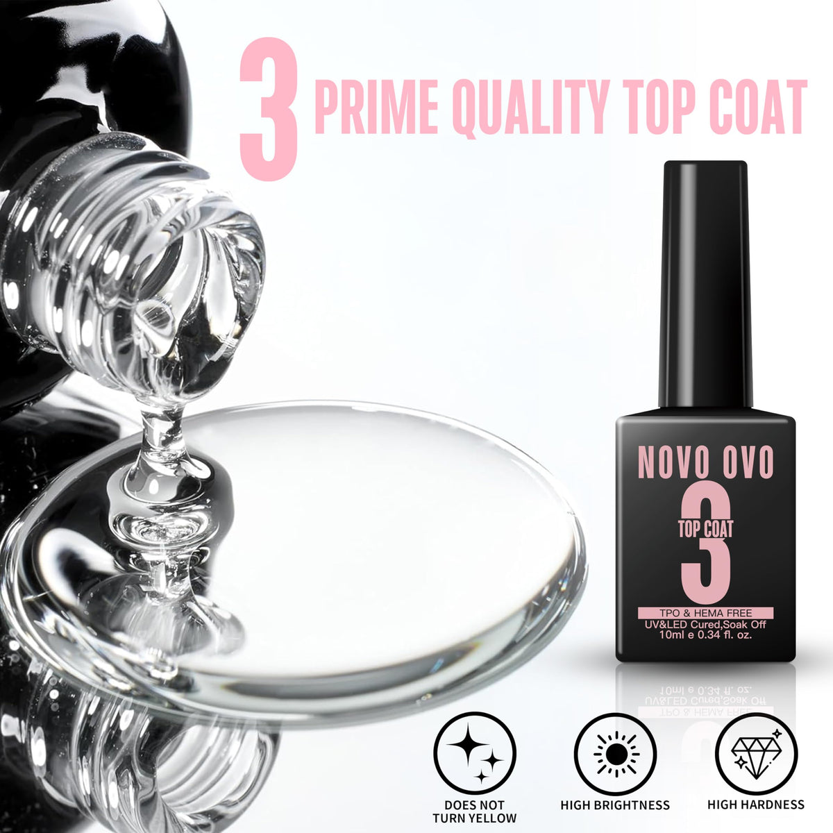 NOVO OVO black bottle top coat shown uncapped, demonstrates no-wipe glossy protection