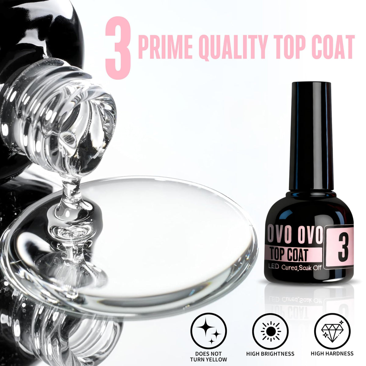 NOVO OVO Black Bottle top coat label highlighting no‑wipe glossy, non‑yellowing finish