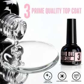 NOVO OVO Black Bottle top coat label highlighting no‑wipe glossy, non‑yellowing finish