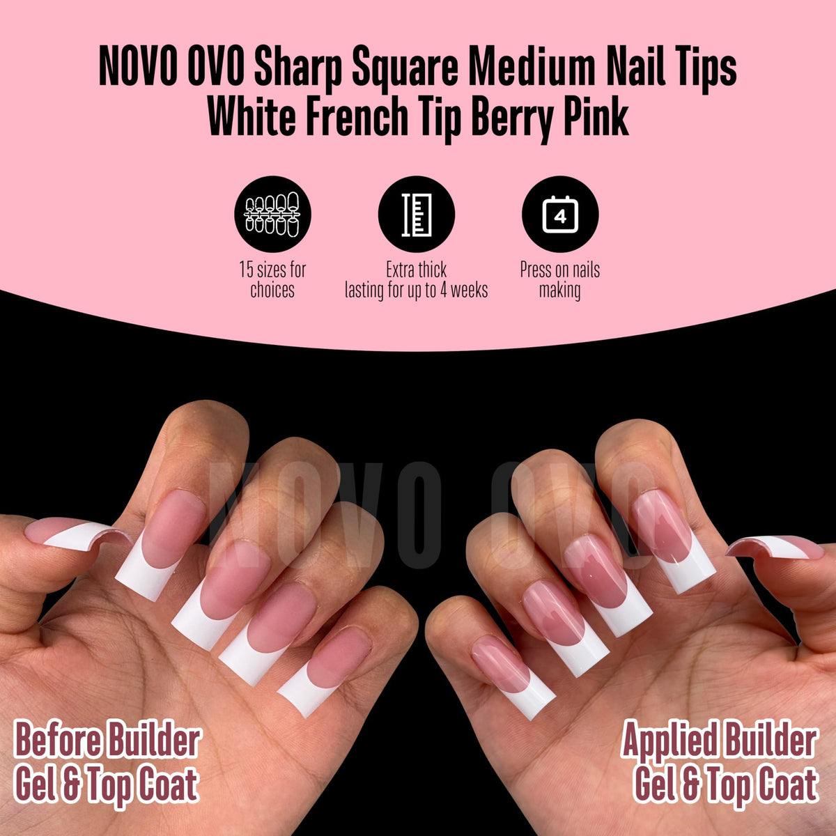NOVO OVO builder gel and top coat bottles displayed to show strong adhesion and shine