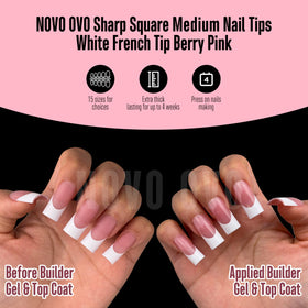 NOVO OVO builder gel and top coat bottles displayed to show strong adhesion and shine