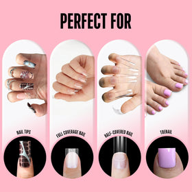 NOVO OVO clear finish on press-on nails displaying invisible seamless bond