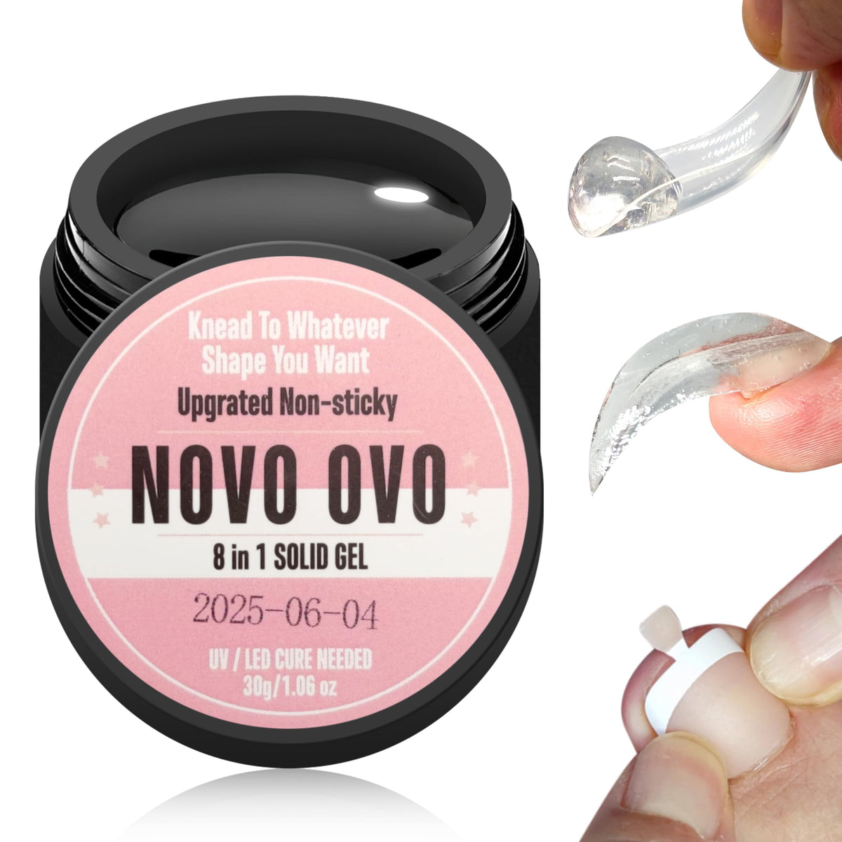 NOVO OVO front bottle view showing 30ml solid UV gel glue, clear packaging and brand
