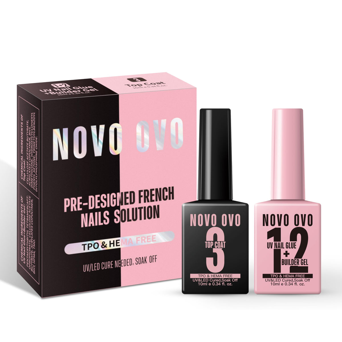NOVO OVO front packaging kit showing both bottles and labels, highlights combo benefit
