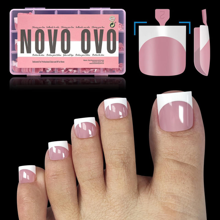 NOVO OVO front packaging showing berry pink pre-designed toe tips and included sizes benefit fast pedicures
