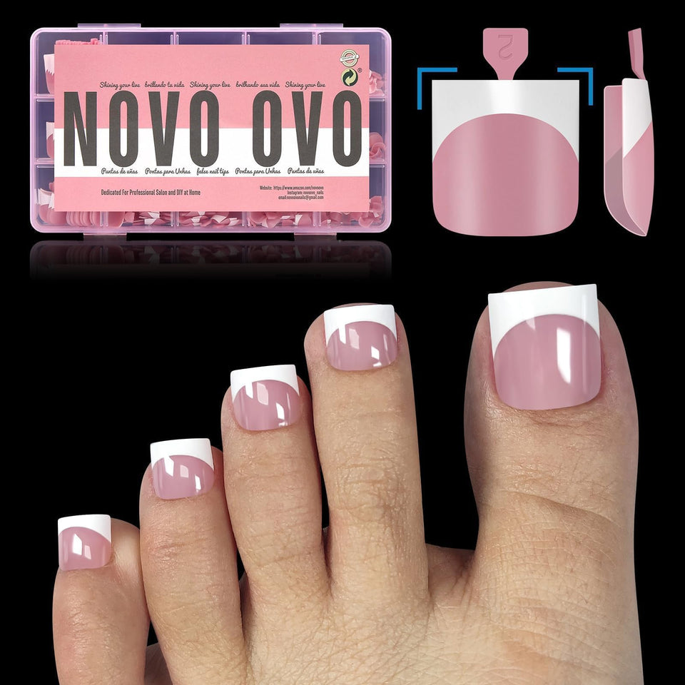 NOVO OVO front packaging showing berry pink pre-designed toe tips and included sizes benefit fast pedicures