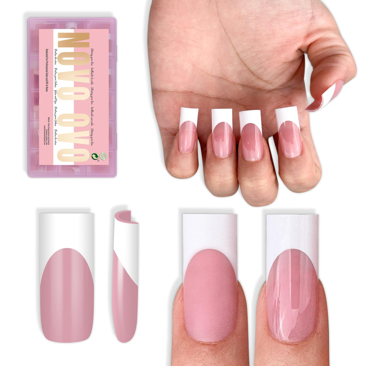 NOVO OVO front packaging showing full 180pc white French tip kit and benefit of complete set