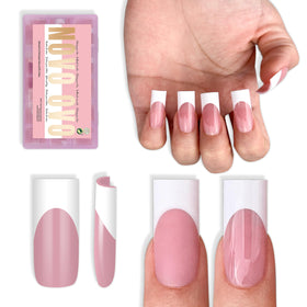NOVO OVO front packaging showing full 180pc white French tip kit and benefit of complete set