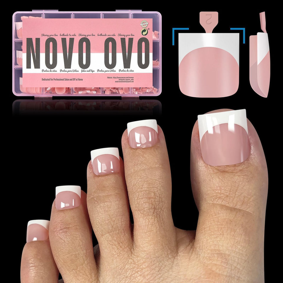 NOVO OVO front packaging showing full 240-piece baby pink French tip kit and benefits