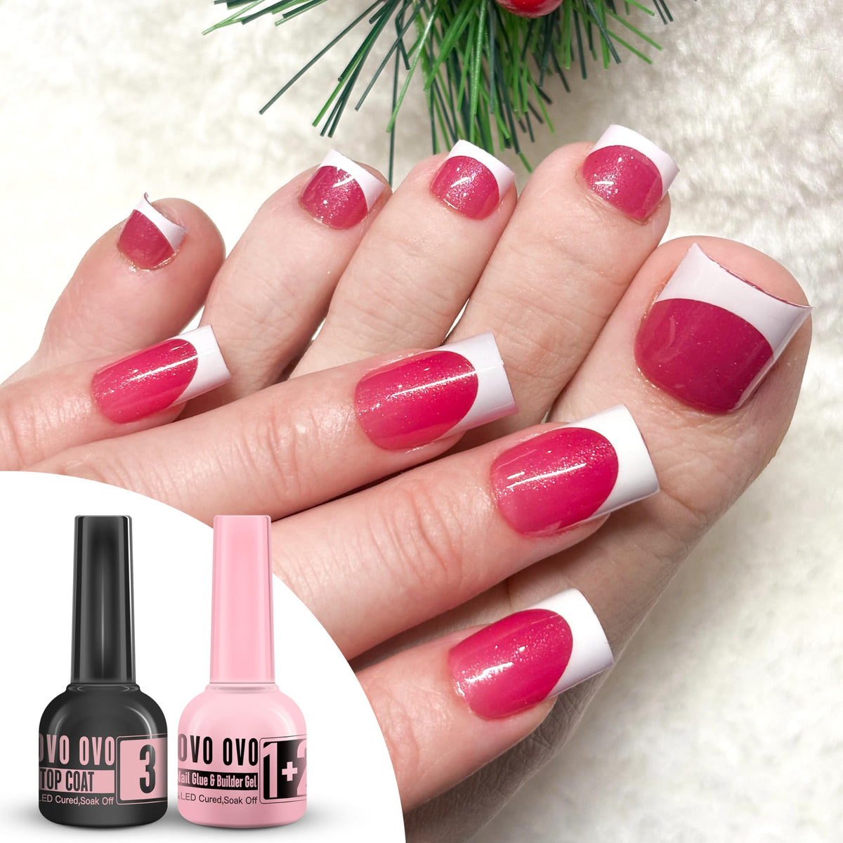 Lifestyle shot of French tips worn after NOVO OVO kit delivering salon‑quality shine