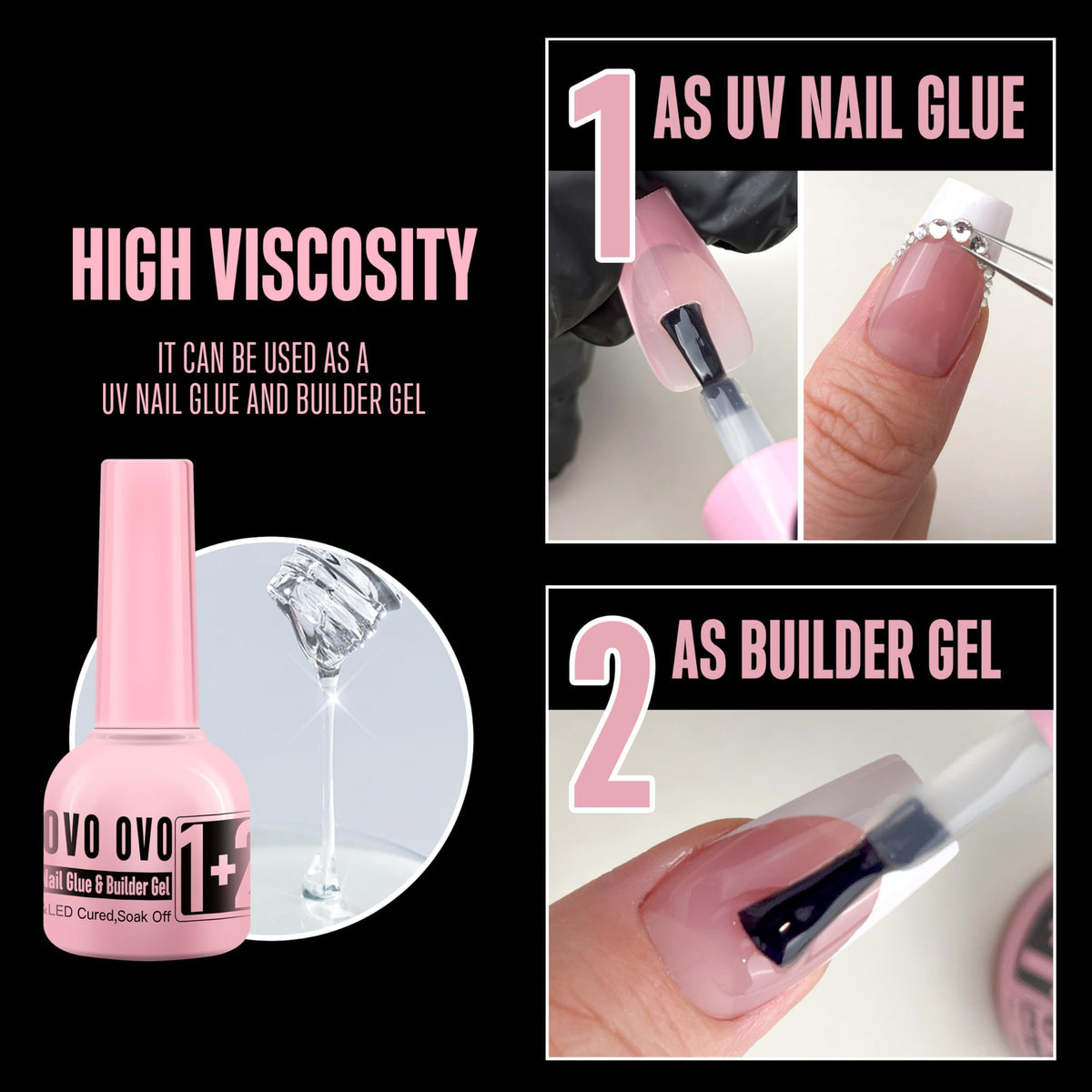 NOVO OVO Pink Bottle builder gel closeup showing thick texture and strong bonding
