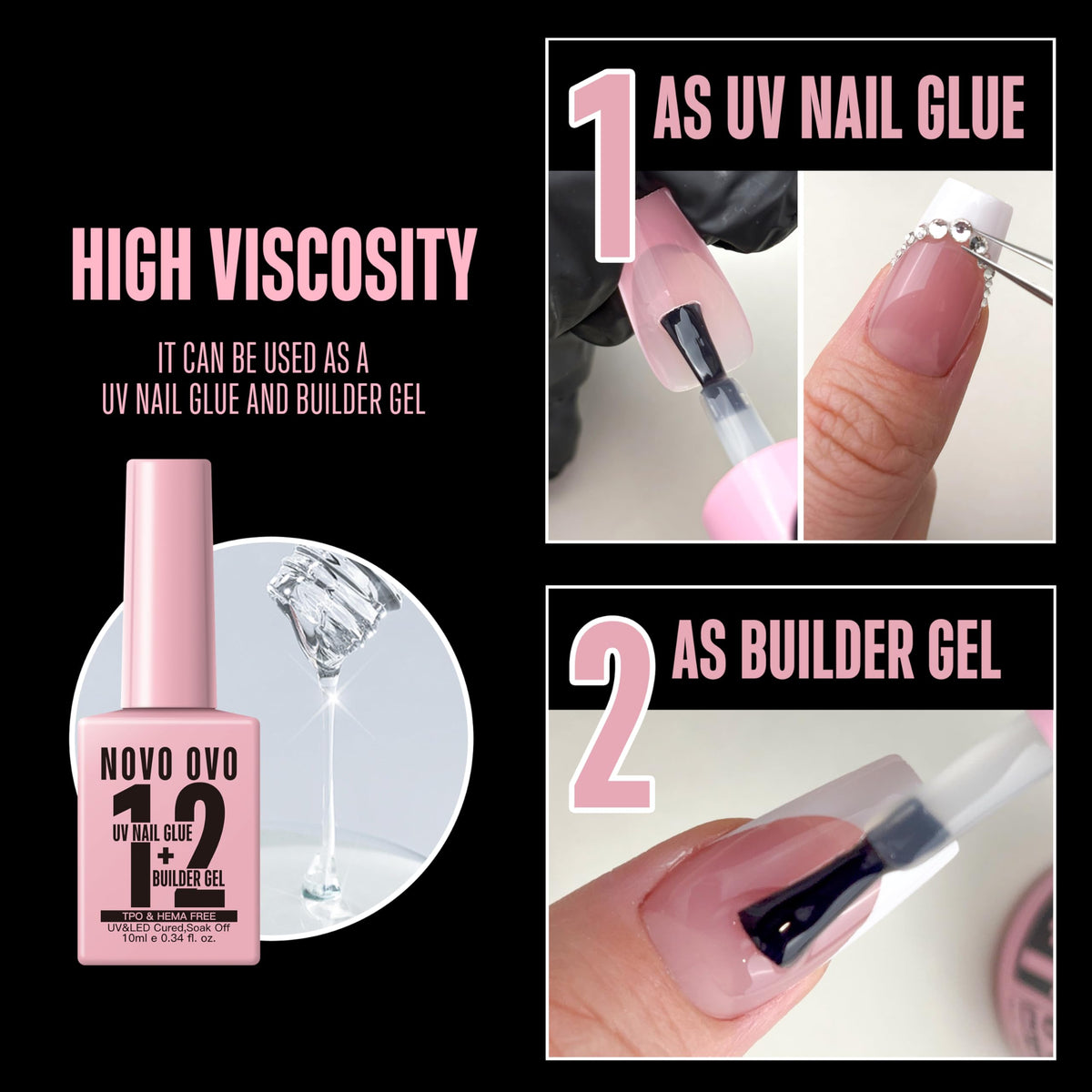 NOVO OVO pink bottle close-up showing gel texture and high-viscosity bonding benefit