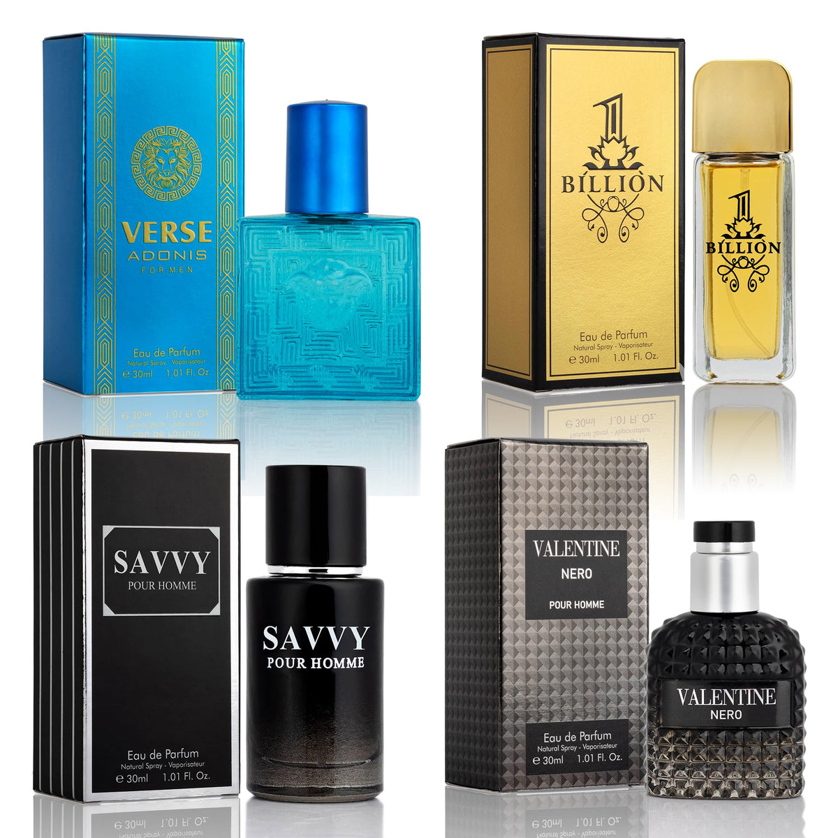 NovoGlow front view of four 30ml bottles showing variety and travel convenience