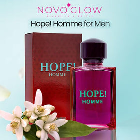 NovoGlow side label close up highlighting fragrance name and notes