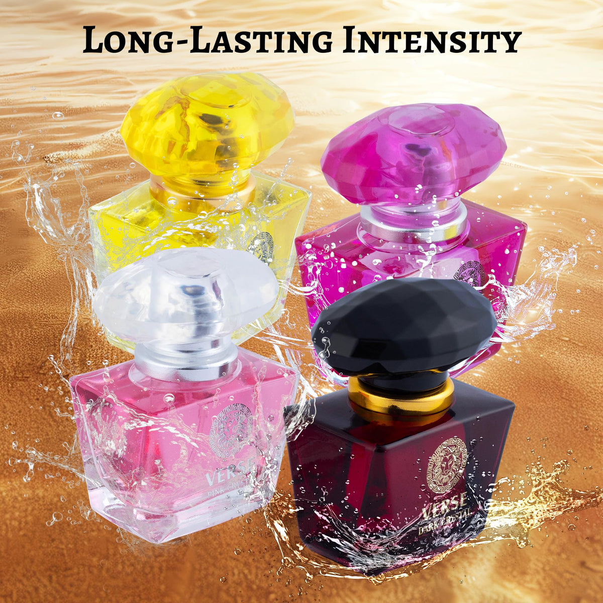 NovoGlow Verse Golden Crystal bottle profile, warm luminous scent for evenings