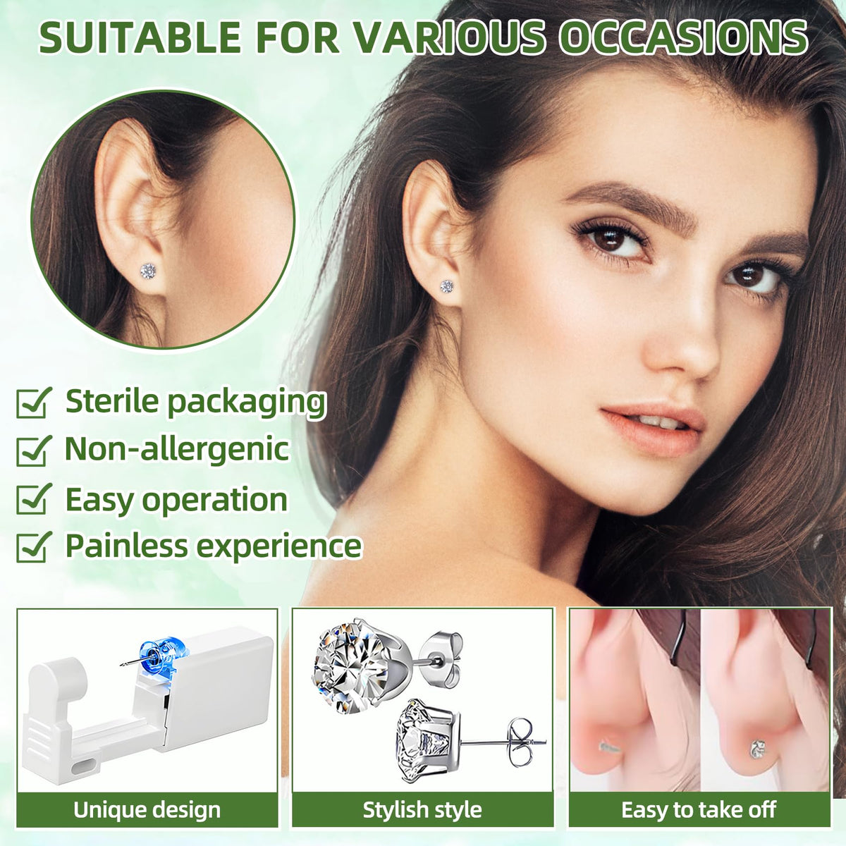 Novopiercing in-use demonstration on earlobe highlighting quick click action and ease
