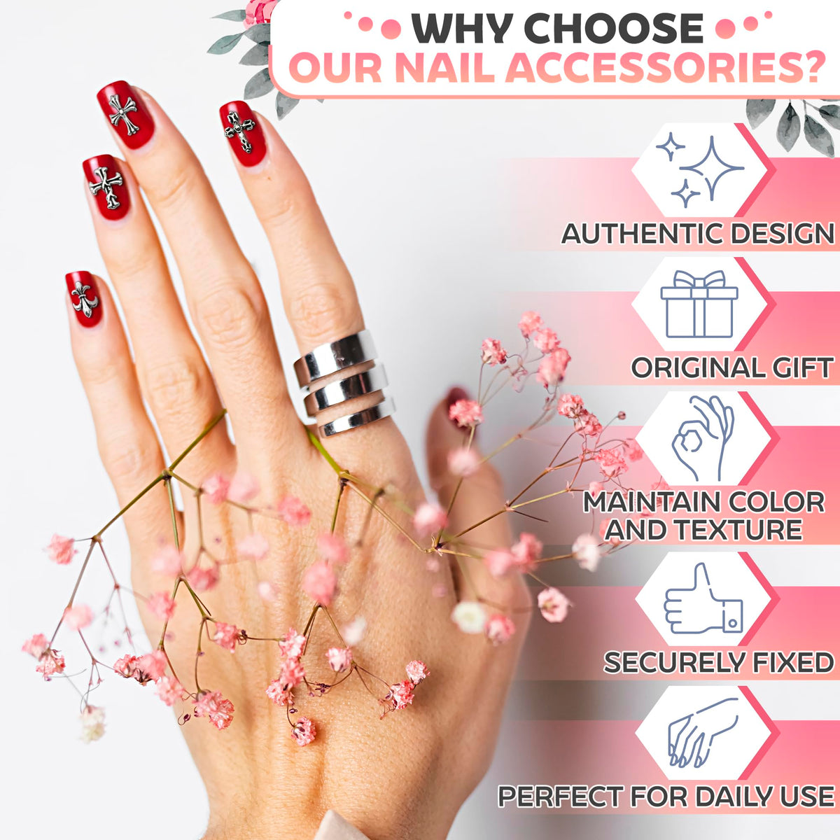 Novsix silver cross charms applied to a press-on nail for instant style