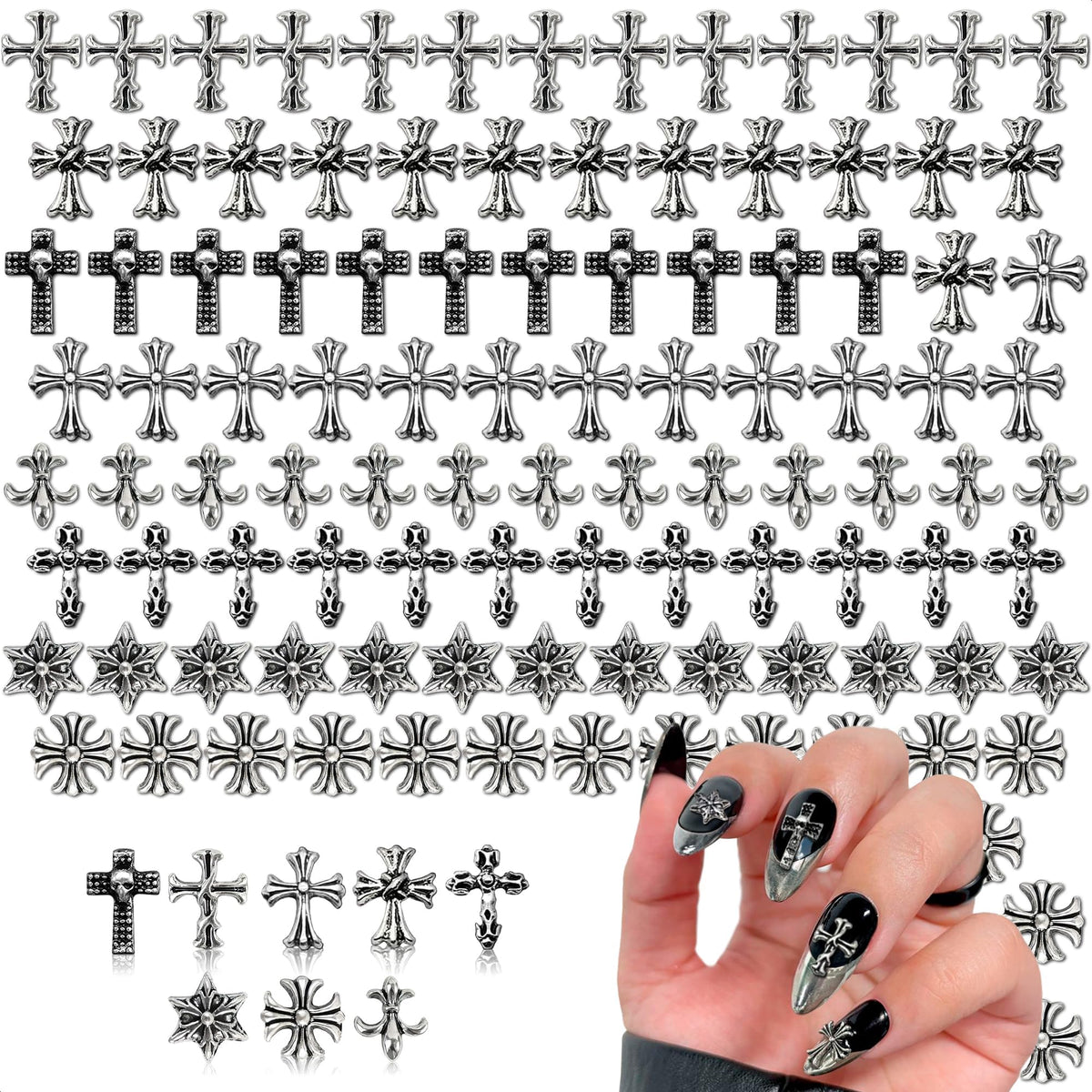 Novsix front packaging showing 120 silver cross nail charms and set benefits