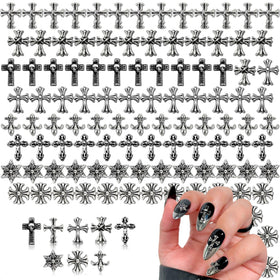 Novsix front packaging showing 120 silver cross nail charms and set benefits