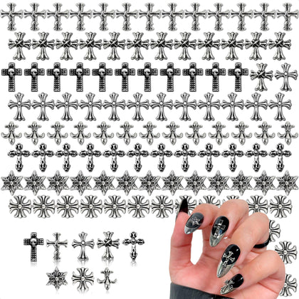 Novsix front packaging showing 120 silver cross nail charms and set benefits