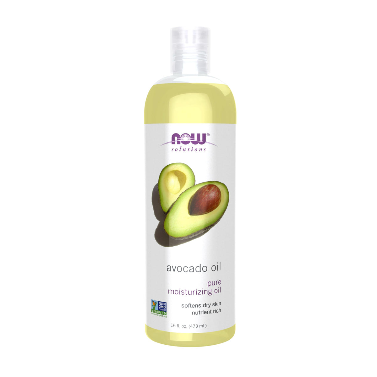 NOW avocado oil front bottle showing label and 16 oz size, highlights purity
