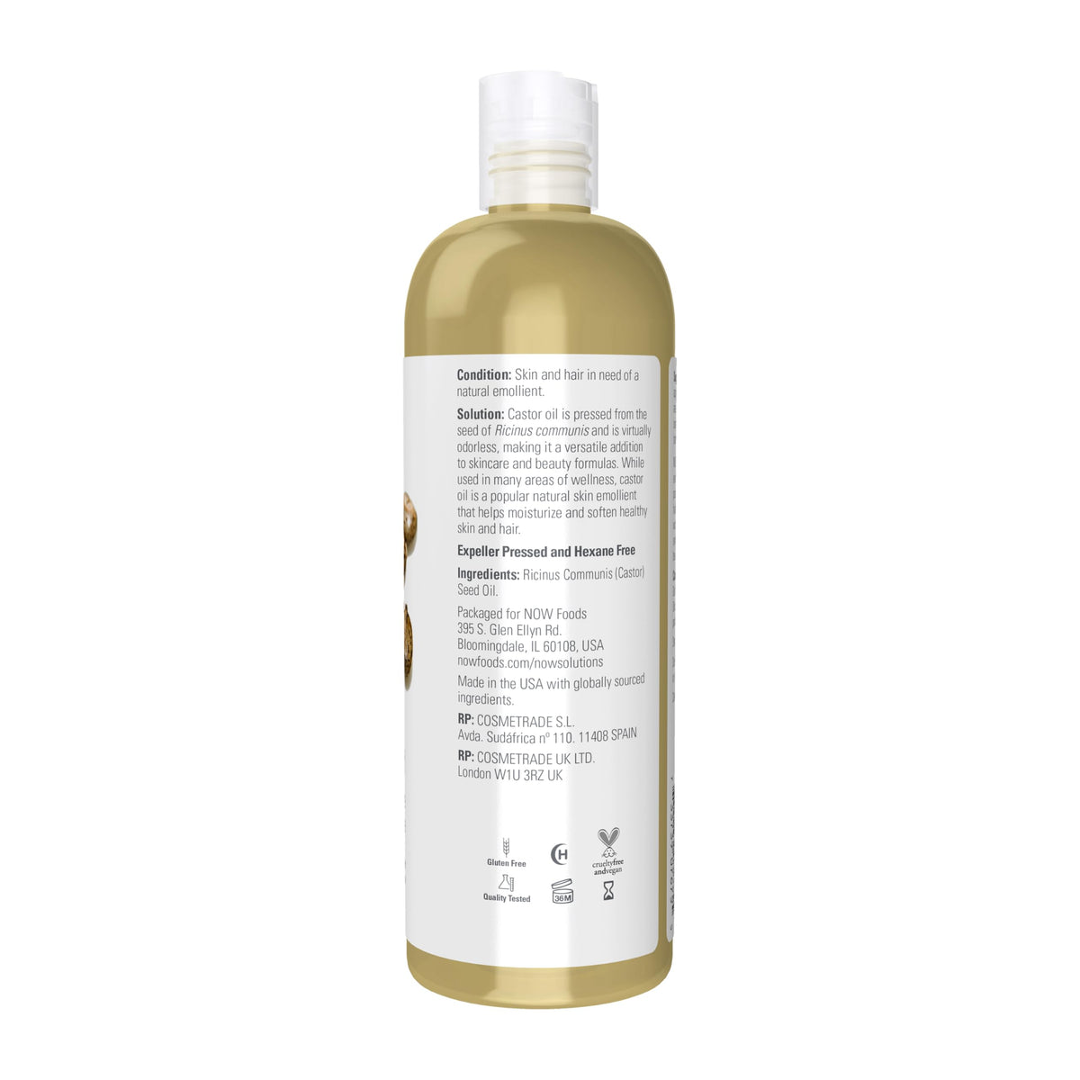 NOW Foods castor oil label close-up highlighting purity and non-GMO verification