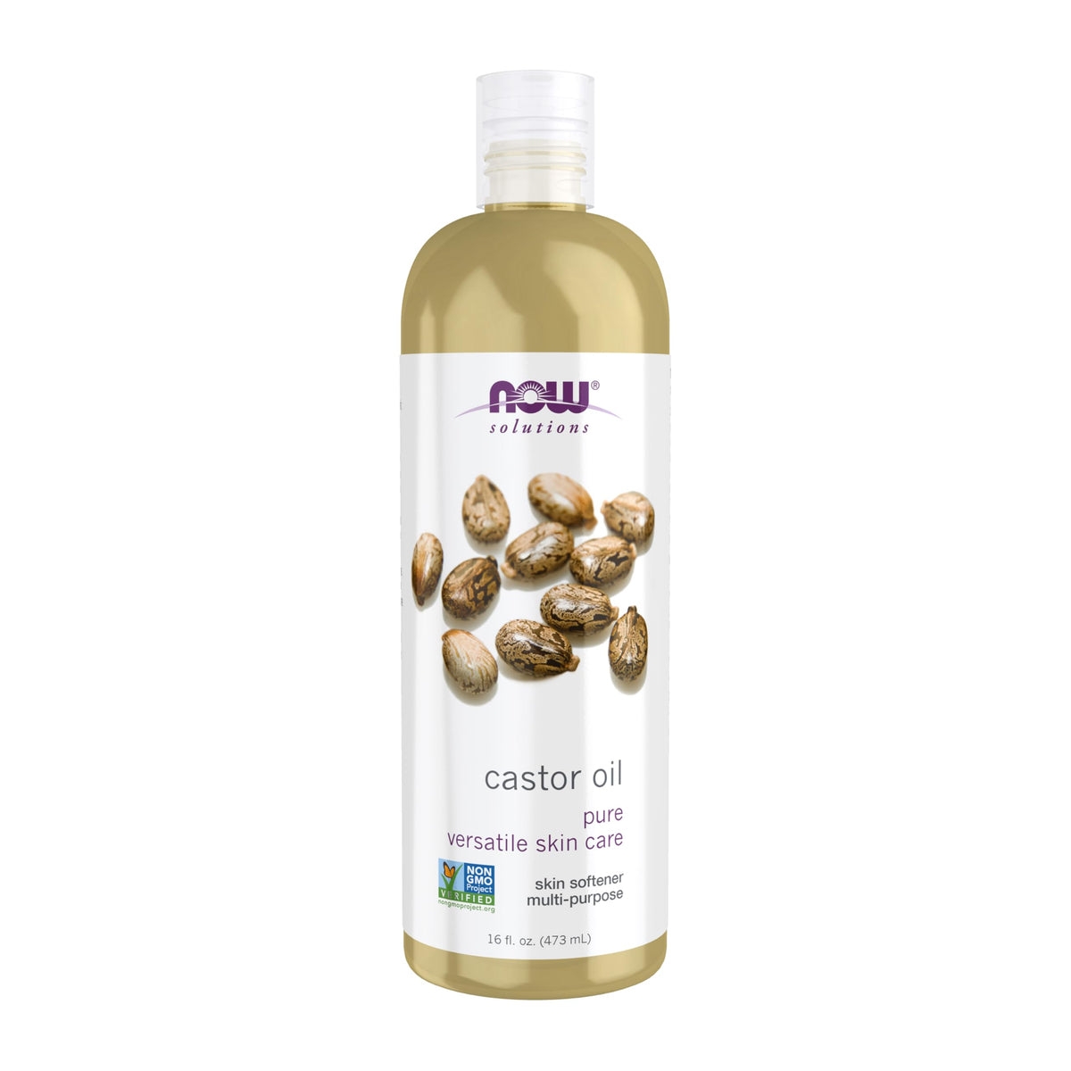 NOW Foods castor oil front packaging showing 16-ounce bottle and label benefits