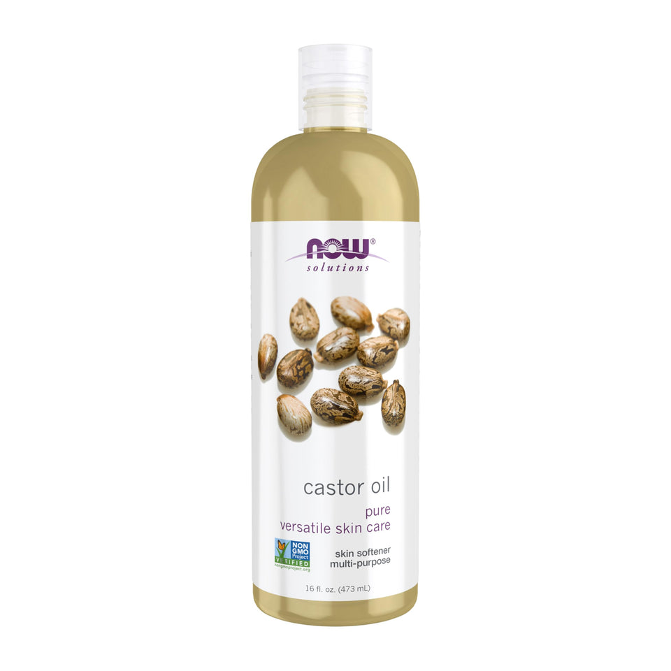 NOW Foods castor oil front packaging showing 16-ounce bottle and label benefits