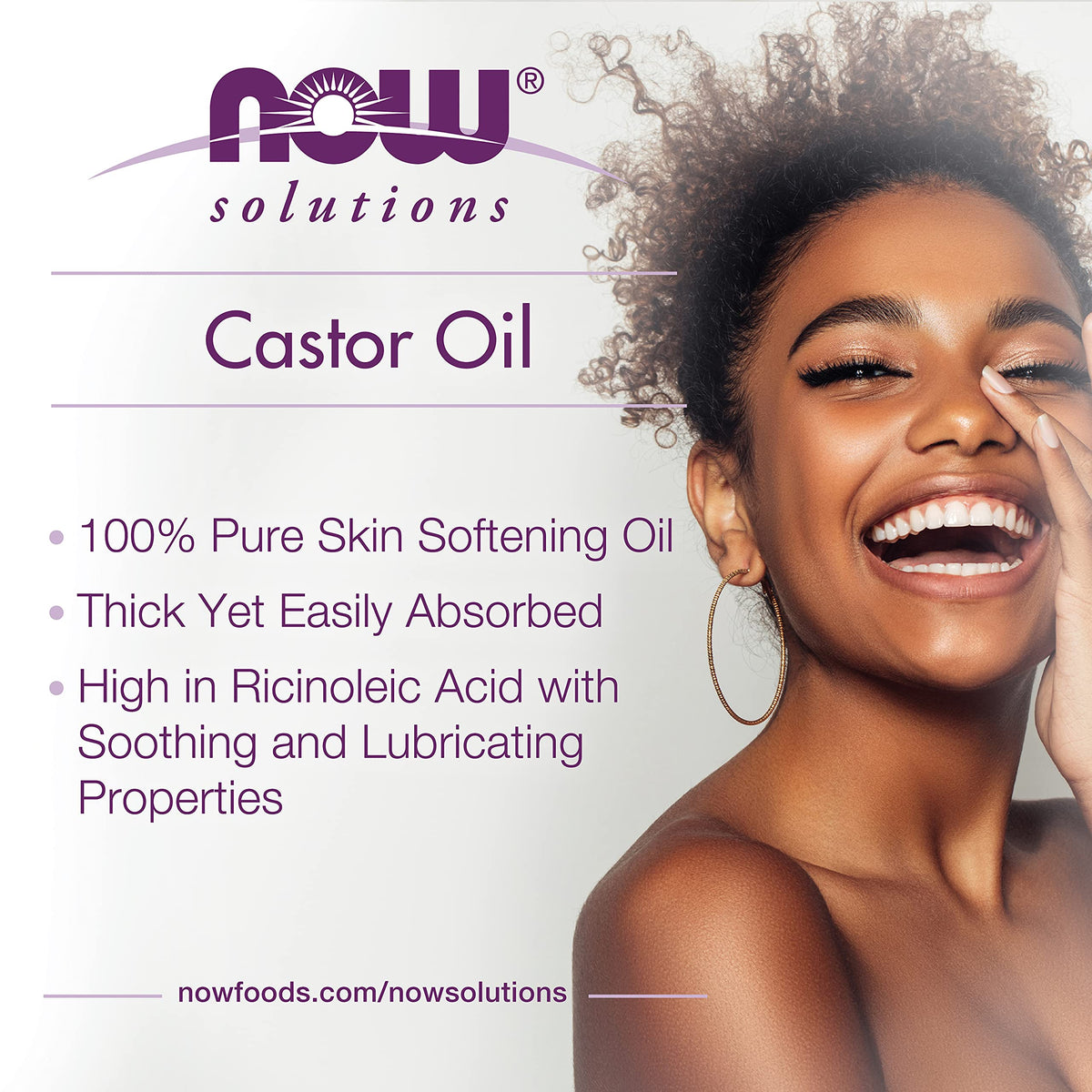 NOW Foods castor oil applied to hand illustrating immediate softening and moisturization