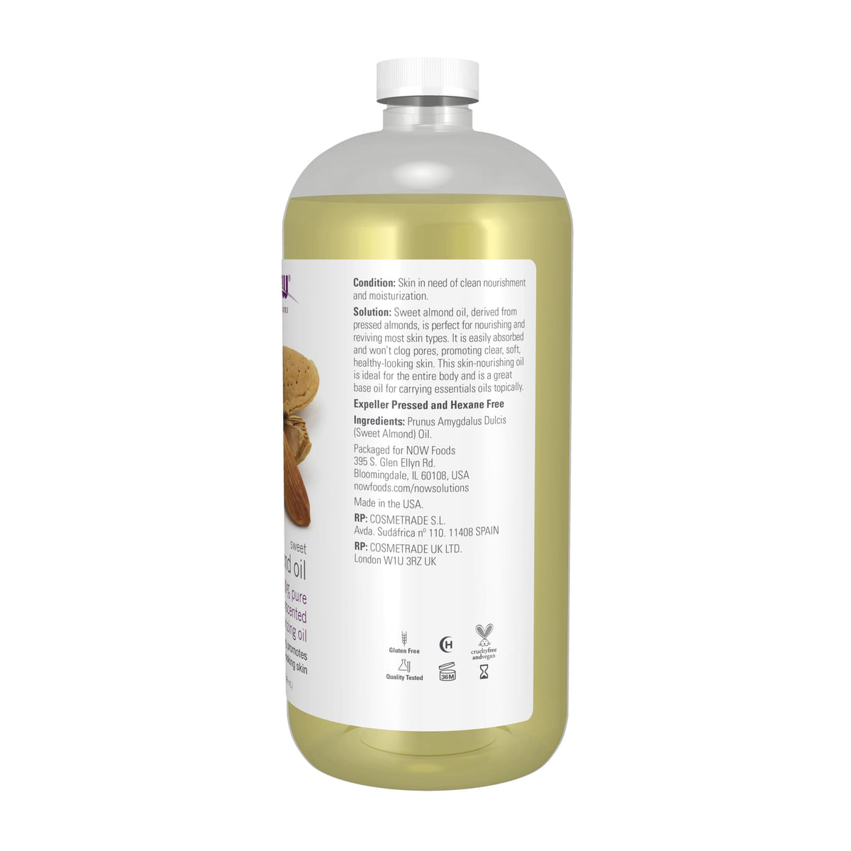 NOW Foods close-up texture of sweet almond oil showing lightweight absorption