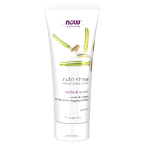 NOW Foods Nutri-Shave front packaging showing 8-ounce tube and label benefits