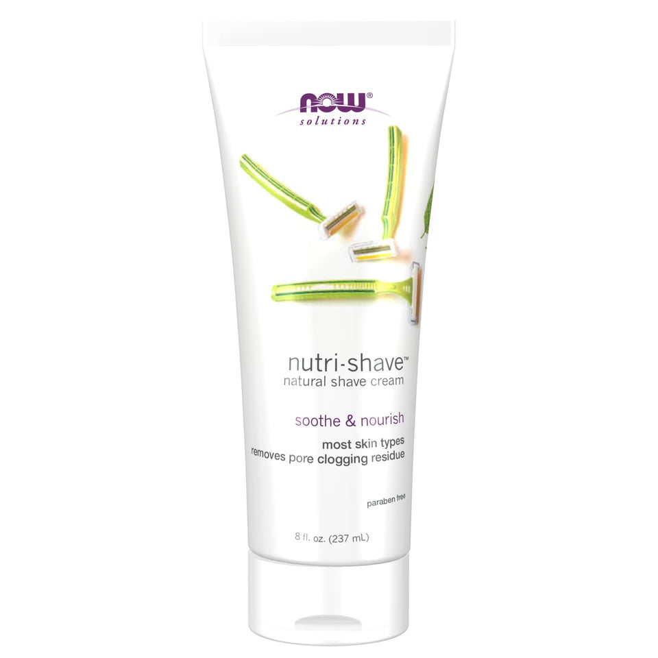 NOW Foods Nutri-Shave front packaging showing 8-ounce tube and label benefits