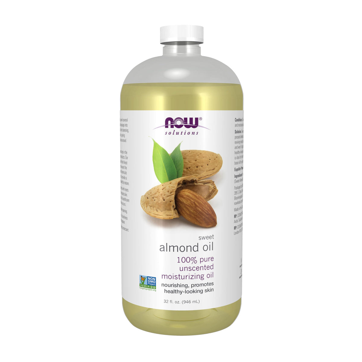 NOW Foods front bottle view showing label and 100% pure almond oil benefit