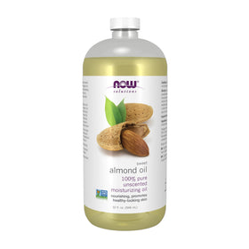 NOW Foods front bottle view showing label and 100% pure almond oil benefit