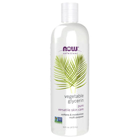 NOW Foods vegetable glycerin front bottle showing label and 16-ounce size for easy identification and use