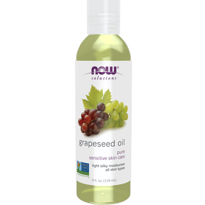 NOW grapeseed oil front packaging showing 4 oz bottle and benefits