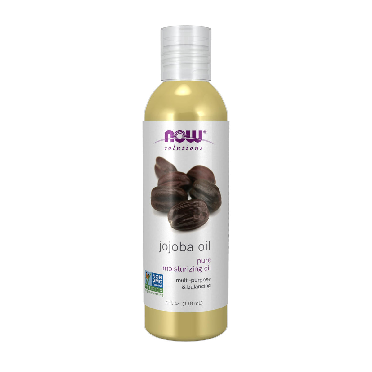 NOW Foods jojoba oil front bottle showing brand and 4-ounce size, promotes lightweight hydration