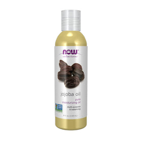 NOW Foods jojoba oil front bottle showing brand and 4-ounce size, promotes lightweight hydration